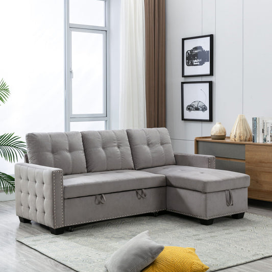 77" Reversible Sectional Storage Sleeper Sofa Bed, L-Shape 2 Seat Sectional Chaise With Storage, Skin - Feeling Velvet Fabric, Light Gray Color For Furniture