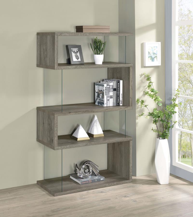 Emelle - 4-Shelf Bookcase With Glass Panels - Grey Driftwood / Clear