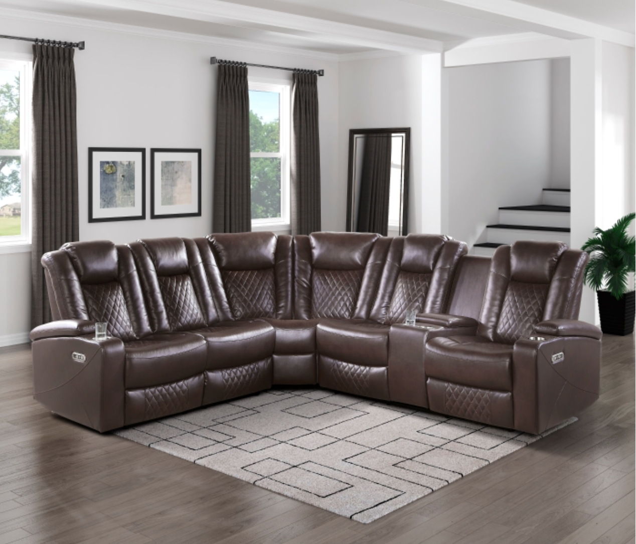 Caelan Collection Brown 3-Piece Reclining Sectional with Drop-Down Cup Holders