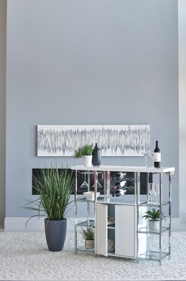 Gallimore - 2-Door Bar Cabinet With Glass Shelf - High Glossy White and Chrome