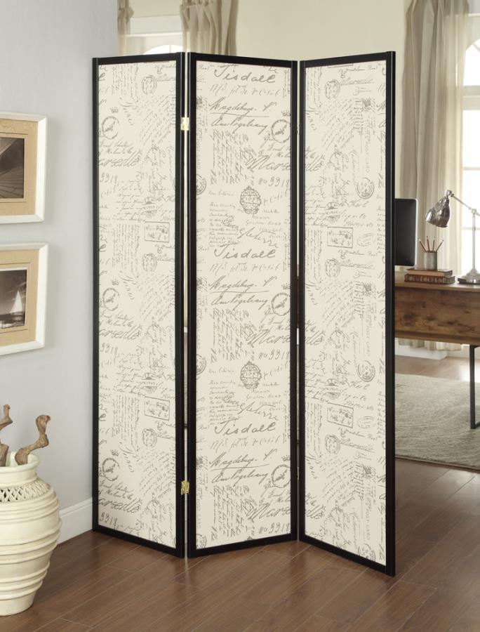 Felice - 3-Panel French Script Print Folding Screen - Espresso