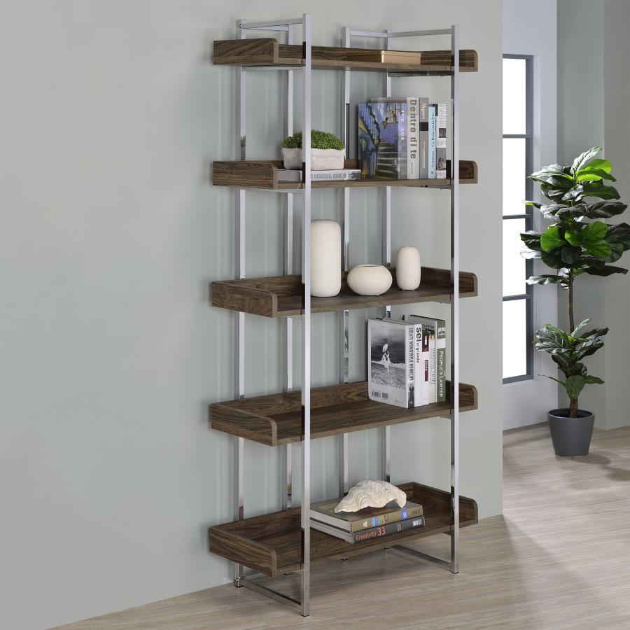 Angelica - 5-Shelf Bookcase - Walnut and Chrome