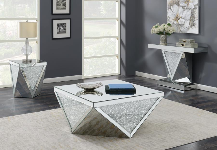 Amore - Rectangular Sofa Table With Triangle Detailing - Silver and Clear Mirror