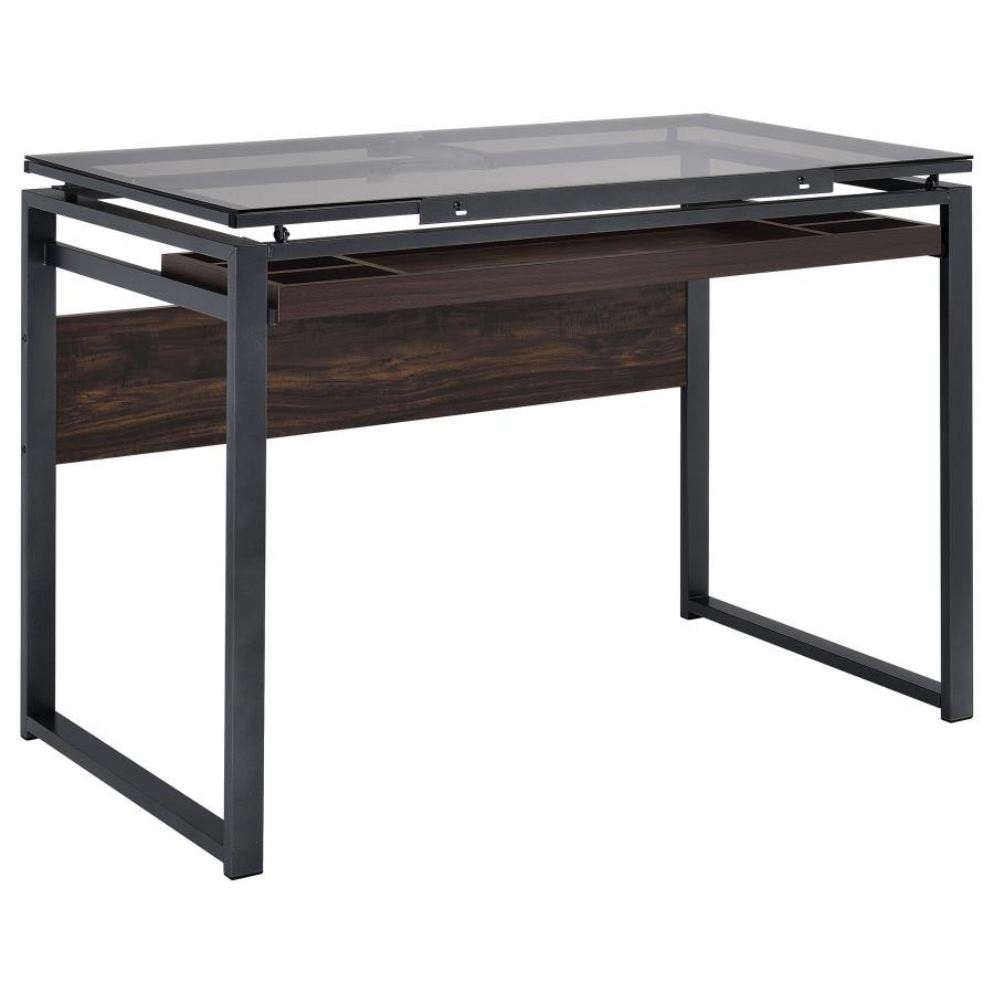 Pantano - Glass Top Drafting Desk - Dark - Gunmetal and Chestnut