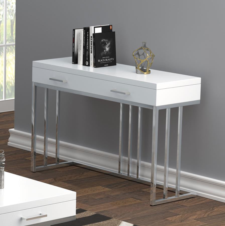 Dalya - 2-Drawer Rectangular Sofa Table - Glossy White and Chrome