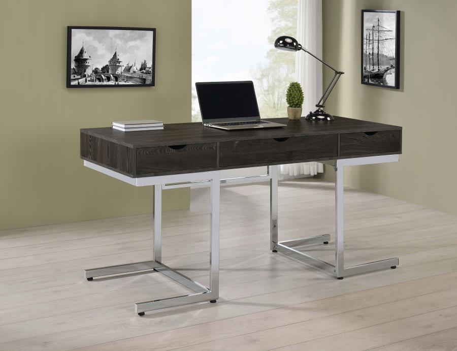 Noorvik - 3-Drawer Writing Desk - Dark Oak and Chrome
