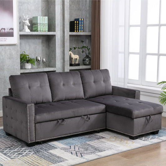 77" Reversible Sectional Storage Sleeper Sofa Bed, L-Shape 2 Seat Sectional Chaise With Storage, Skin - Feeling Velvet Fabric, Dark Gray Color For Furniture