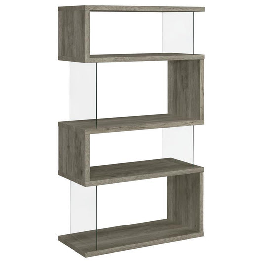 Emelle - 4-Shelf Bookcase With Glass Panels - Grey Driftwood / Clear