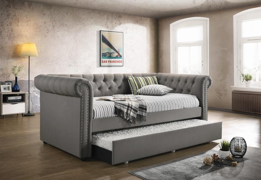 Kepner - Tufted Upholstered Day Bed With Trundle - Grey