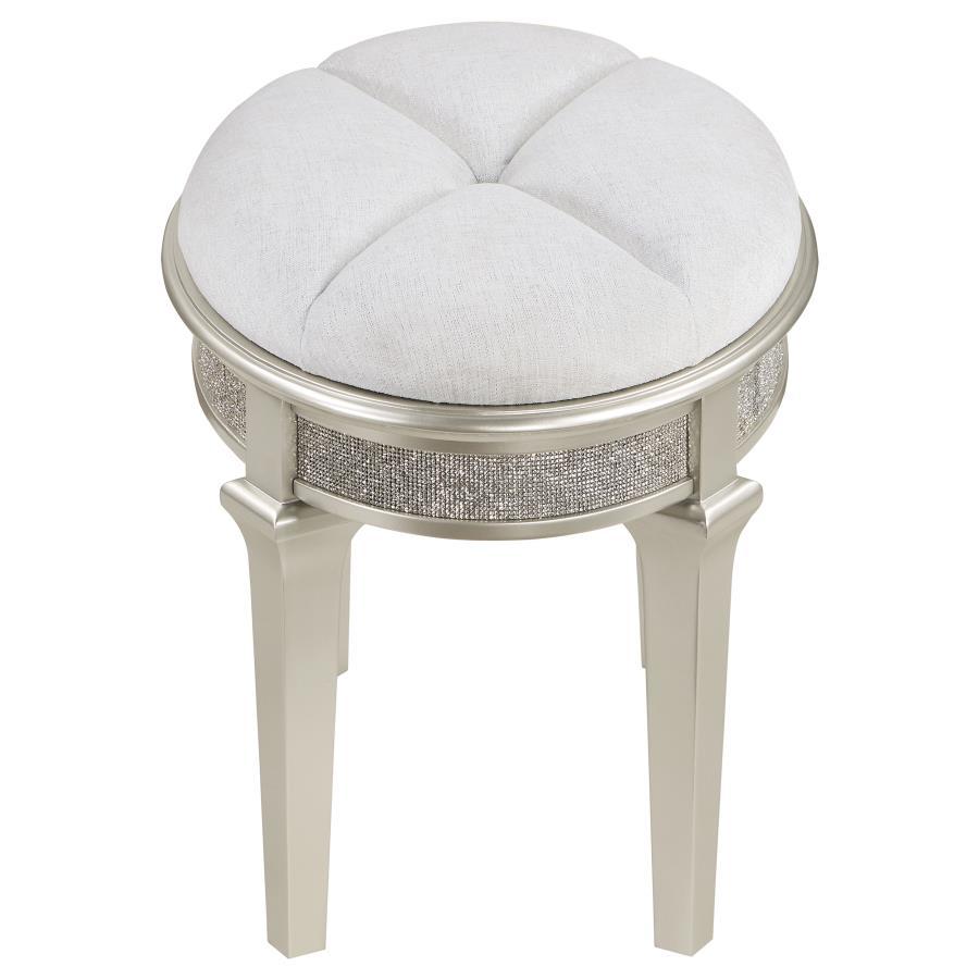 Evangeline - Oval Vanity Stool With Faux Diamond Trim - Silver and Ivory