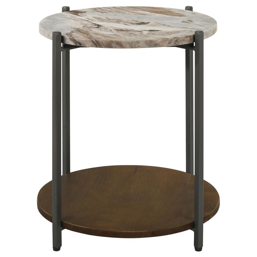 Noemie - Round Accent Table With Marble Top - White and Gunmetal