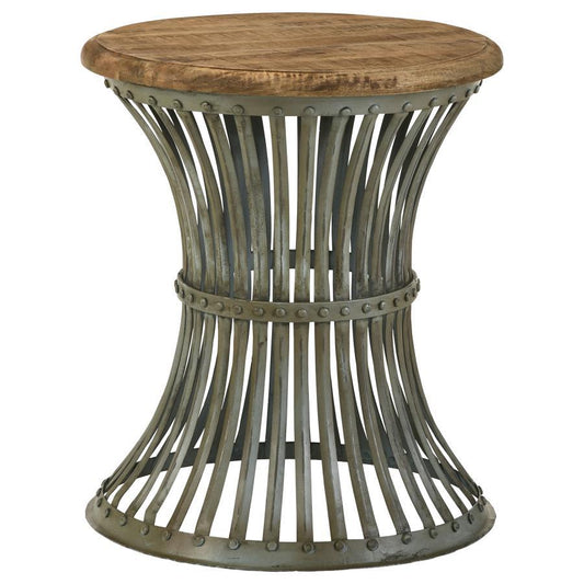 Matyas - Round Accent Table With Natural Top and Blue Distressed Base