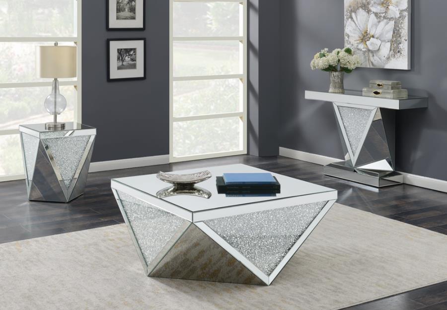 Amore - Square Coffee Table With Triangle Detailing - Silver and Clear Mirror
