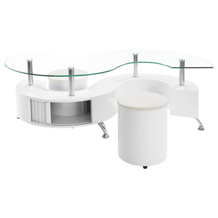Buckley - Curved Glass Top Coffee Table With Stools - White High Gloss