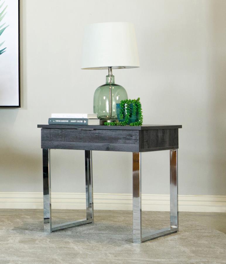 Baines - Square 1-Drawer End Table - Dark Charcoal and Chrome