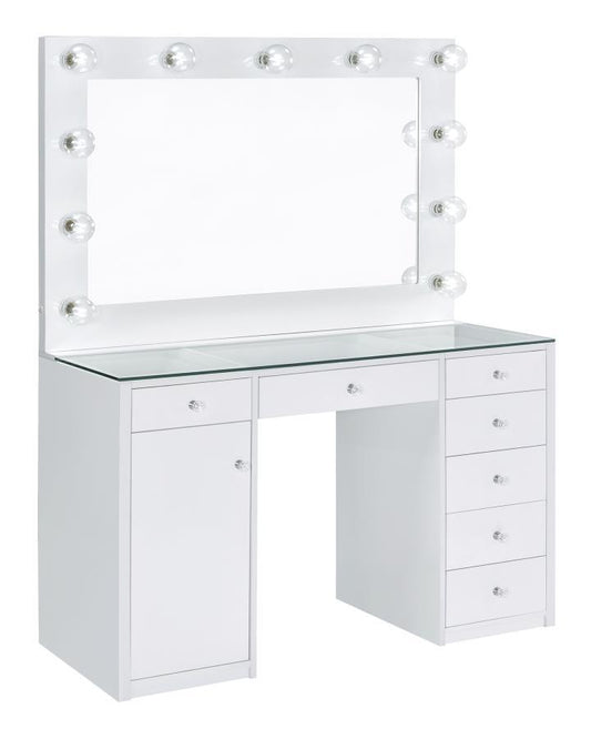 Percy - 7-Drawer Glass Top Vanity Desk With Lighting - White