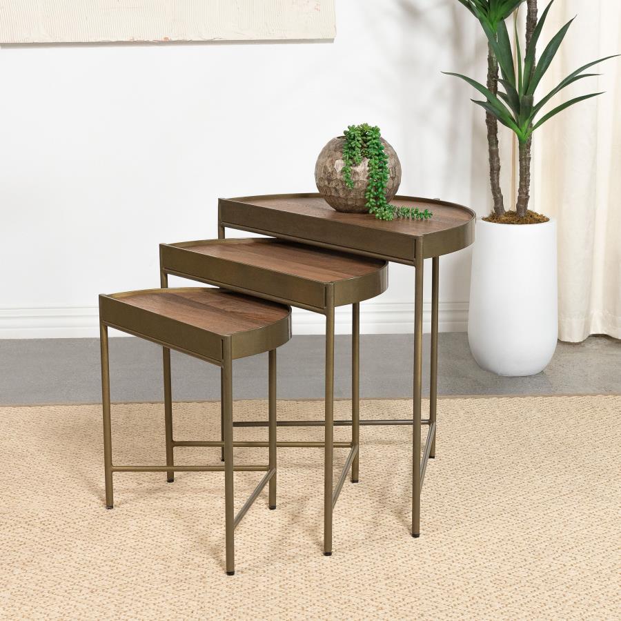 Tristen - 3-Piece Demilune Nesting Table With Recessed Top - Brown and Gold
