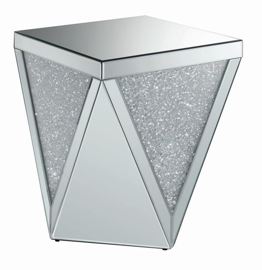 Amore - Square End Table With Triangle Detailing - Silver and Clear Mirror
