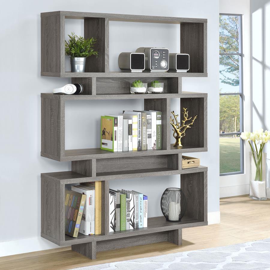 Reid - 3-tier Geometric - Bookcase - Weathered Grey