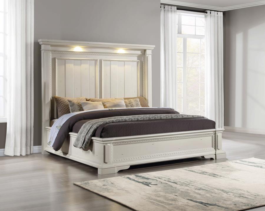 Evelyn - Eastern King Panel Bed With Headboard Lighting - Antique White