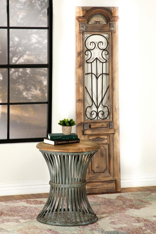 Matyas - Round Accent Table With Natural Top and Blue Distressed Base