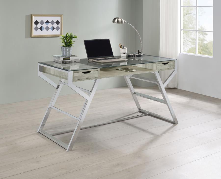 Emelle - 2-Drawer Glass Top Writing Desk - Grey Driftwood and Chrome