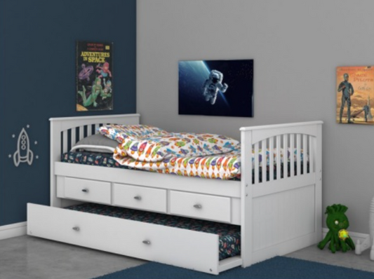 Twin Trundle Bed White W/ 3 Drawer Underbed Storage