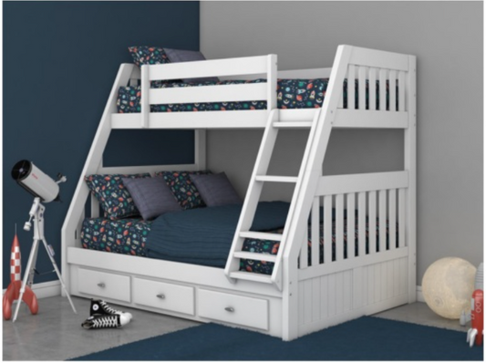 T/F Staircase Bunk Bed w/ 3 Drawers White (Brushed Nickel Handles)