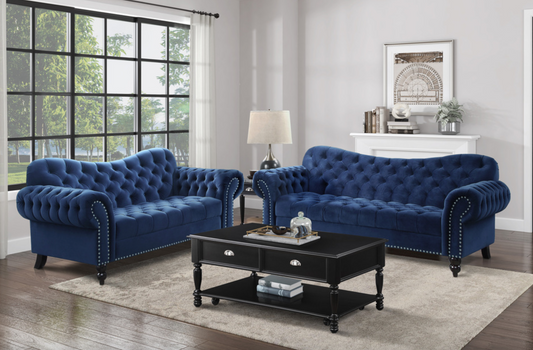 9330BU Rosalie Collection Blue Velvet Sofa & Loveseat Set 2 Piece Set