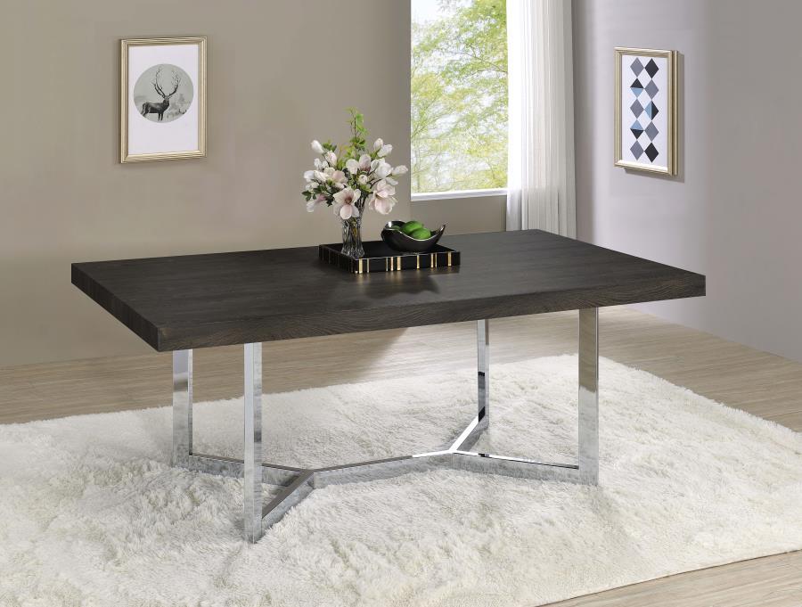 Benson - Rectangular Trestle Base Dining Table - Dark Oak and Chrome