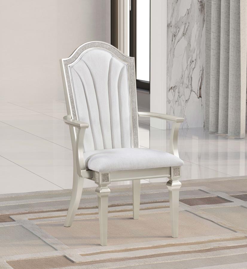 Evangeline - Upholstered Dining Arm Chair With Faux Diamond Trim (Set of 2) - Ivory and Silver Oak