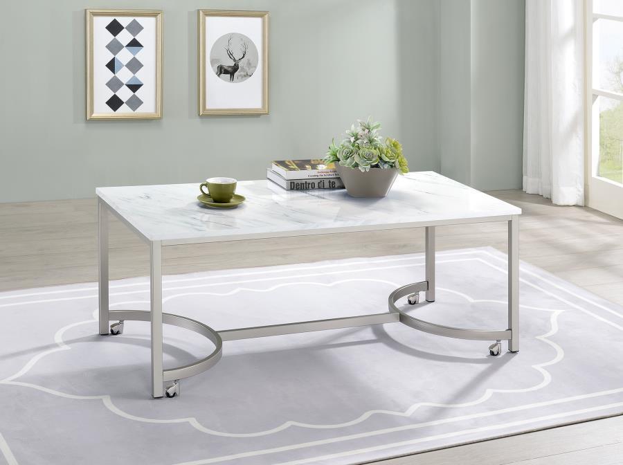 Leona - Coffee Table With Casters - White and Satin Nickel