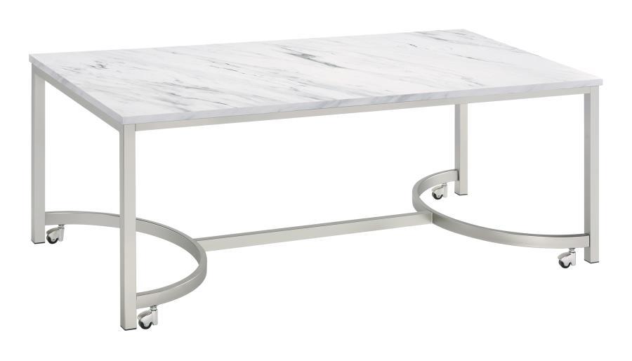 Leona - Coffee Table With Casters - White and Satin Nickel