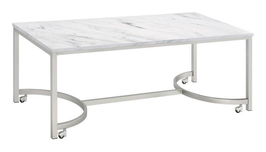 Leona - Coffee Table With Casters - White and Satin Nickel