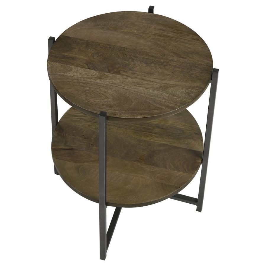 Axel - Round Accent Table With Open Shelf - Natural and Gunmetal