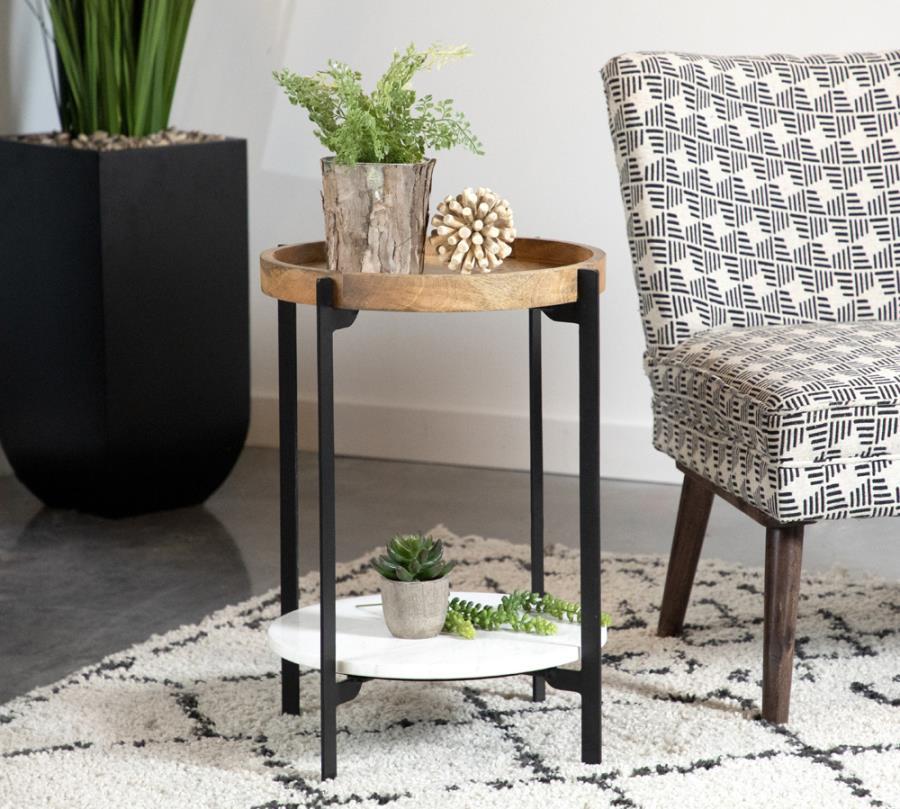 Adhvik - Round Accent Table With Marble Shelf - Natural and Black