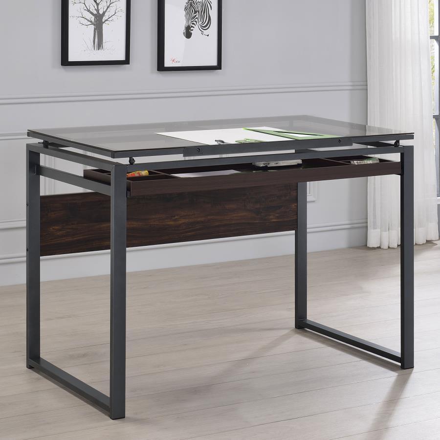 Pantano - Glass Top Drafting Desk - Dark - Gunmetal and Chestnut