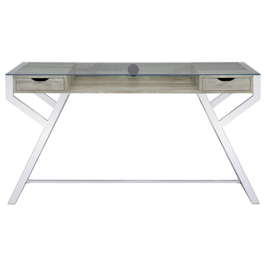 Emelle - 2-Drawer Glass Top Writing Desk - Grey Driftwood and Chrome