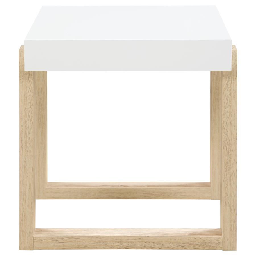 Pala - Rectangular End Table With Sled Base - White High Gloss and Natural