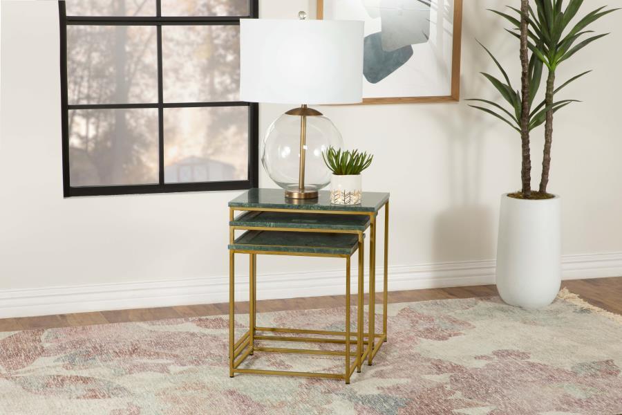 Caine - 3-Piece Nesting Table With Marble Top - Green Marble / Antique Gold