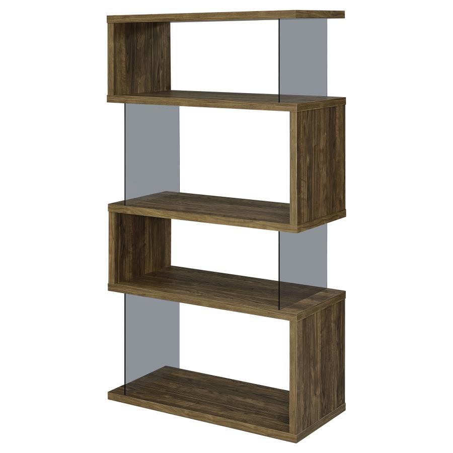 Emelle - 4-Shelf Bookcase With Glass Panels - Aged Walnut / Smoke