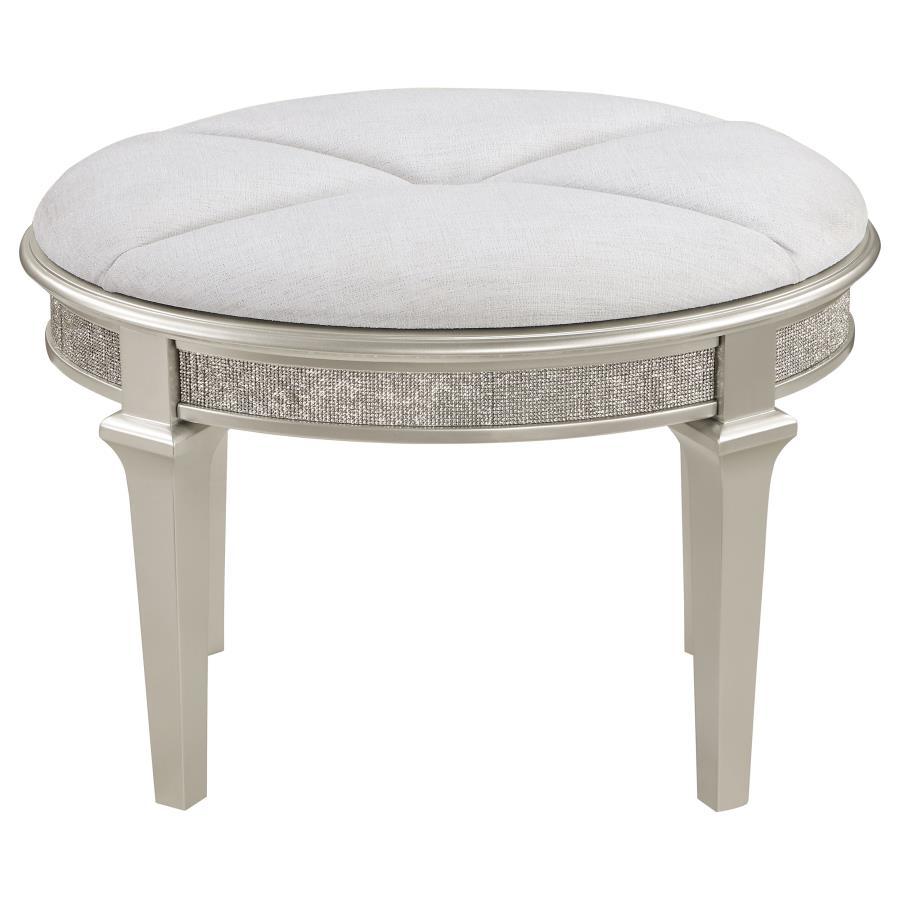 Evangeline - Oval Vanity Stool With Faux Diamond Trim - Silver and Ivory