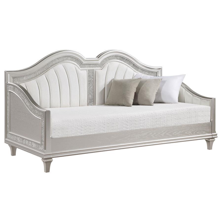 Evangeline - Upholstered Twin Daybed With Faux Diamond Trim - Silver and Ivory