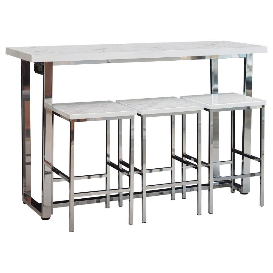 Marmot - 4-Piece Rectangle Counter Height Set - White Marble and Chrome
