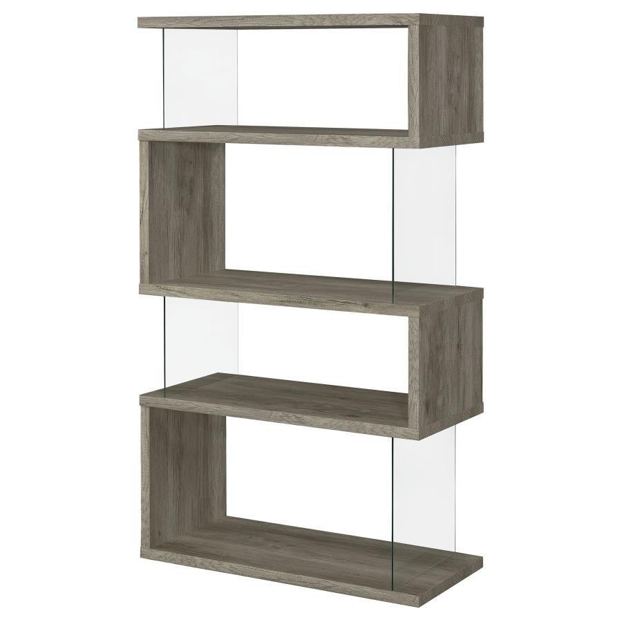 Emelle - 4-Shelf Bookcase With Glass Panels - Grey Driftwood / Clear