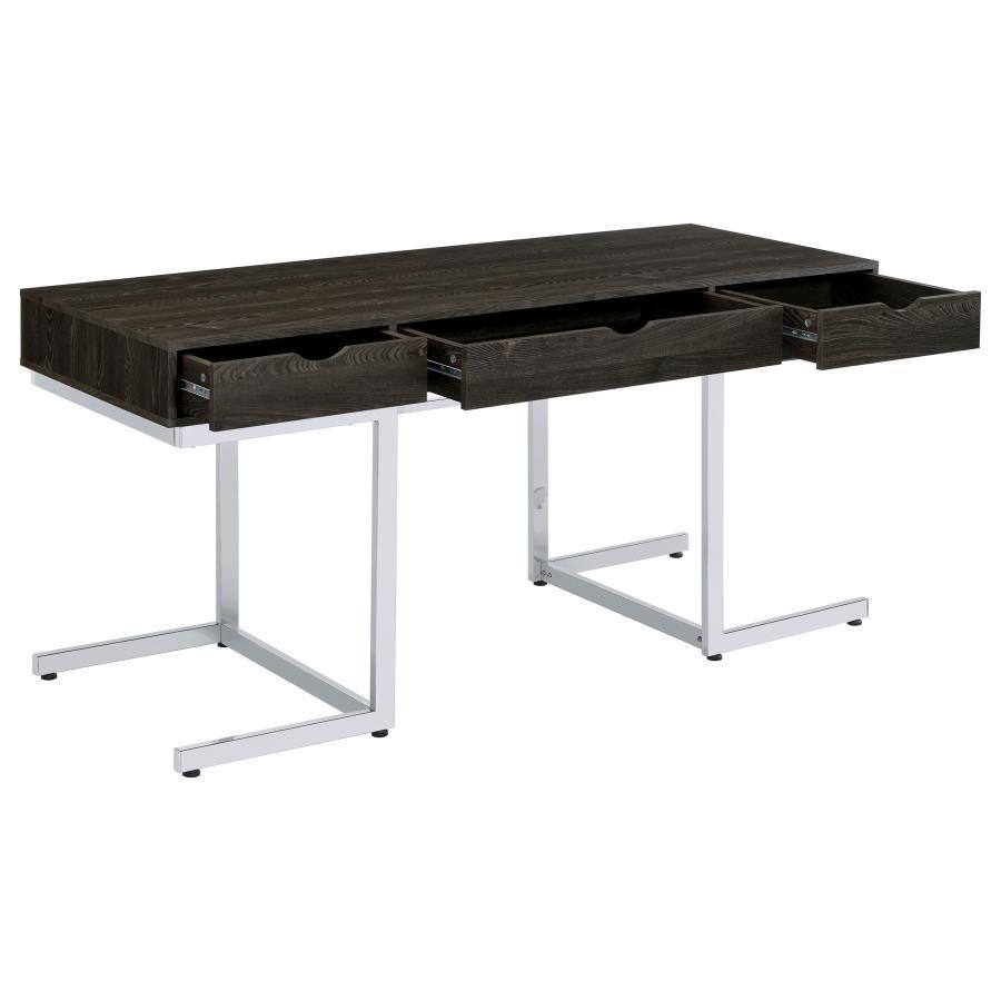 Noorvik - 3-Drawer Writing Desk - Dark Oak and Chrome