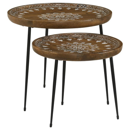 Nuala - 2-Piece Round Nesting Table With Tripod Tapered Legs - Honey and Black