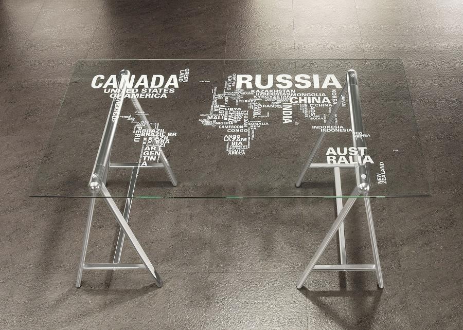 Patton - World Map Writing Desk - Nickel and Printed Clear