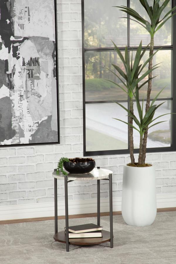 Noemie - Round Accent Table With Marble Top - White and Gunmetal