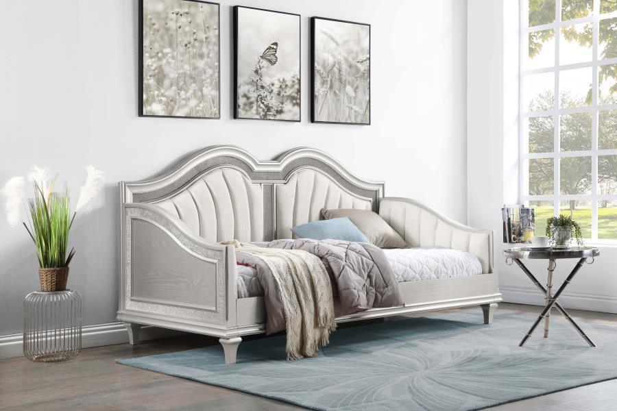 Evangeline - Upholstered Twin Daybed With Faux Diamond Trim - Silver and Ivory